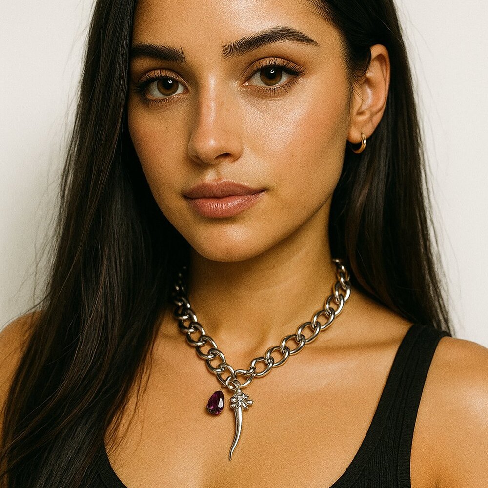 Power of Three Silver Choker Necklace with Amethyst, Horn, and Skull Charms